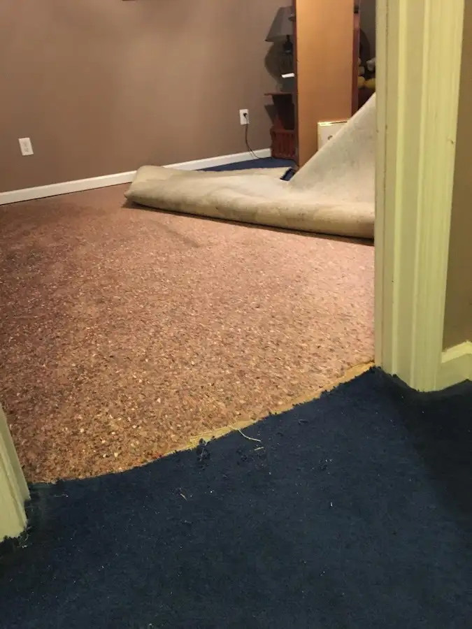 Carpet pad removal revealing water damage during Drying & Dehumidification in Lawrence